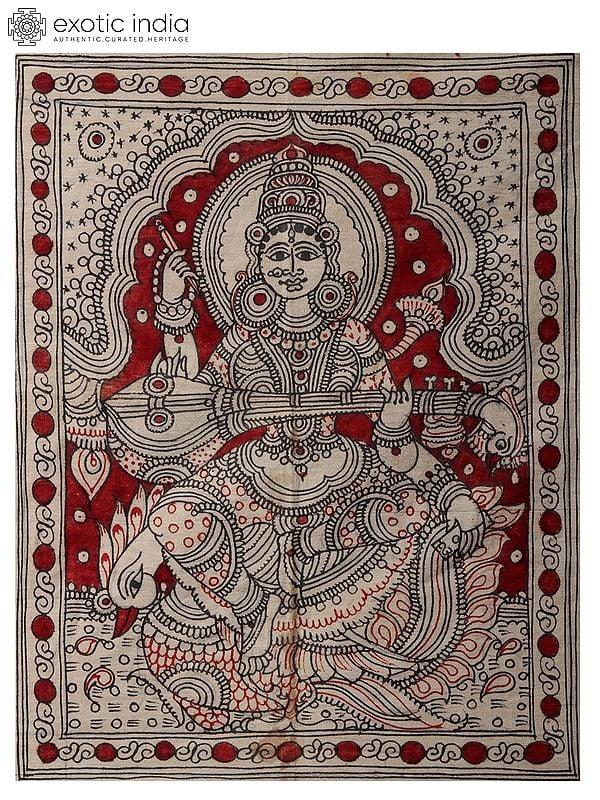 exotic india Goddess Saraswati Seated on Swan | Kalamkari Painting 