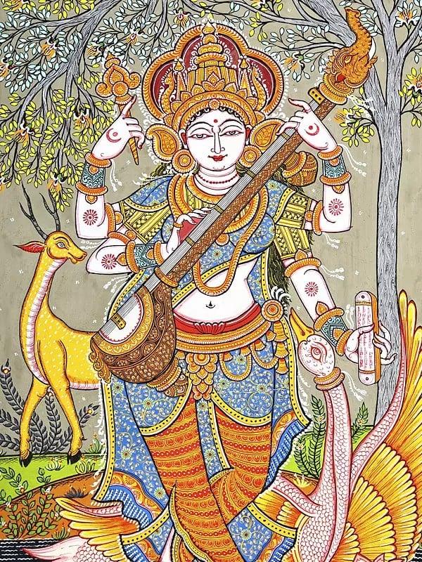 Exotic India Goddess Saraswati Standing On Lotus And Playing Veena | Pattachitra Painting From Odisha 