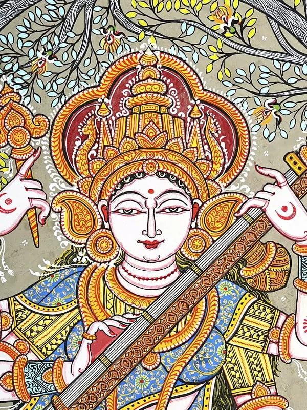 Exotic India Goddess Saraswati Standing On Lotus And Playing Veena | Pattachitra Painting From Odisha 