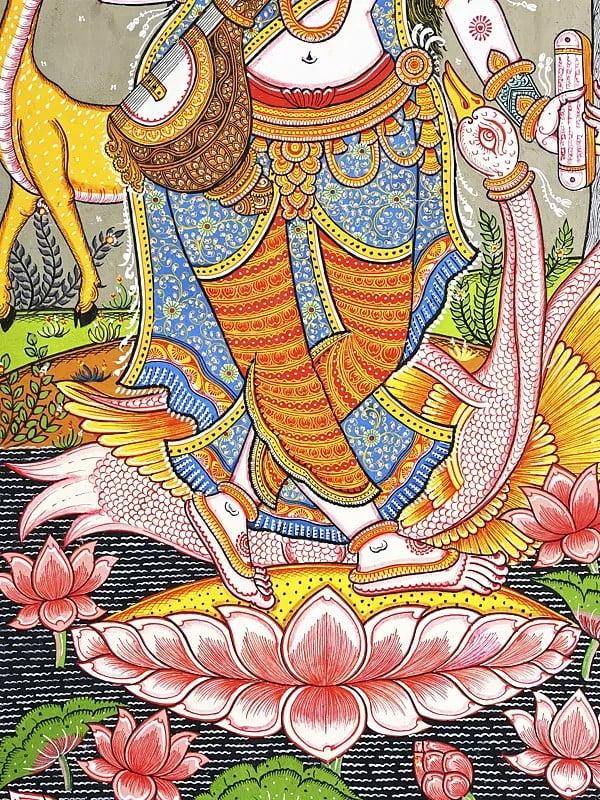 Exotic India Goddess Saraswati Standing On Lotus And Playing Veena | Pattachitra Painting From Odisha 