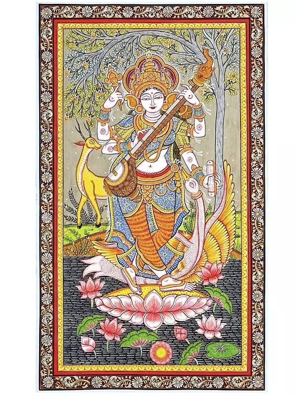 exotic india Goddess Saraswati Standing on Lotus and Playing Veena | Pattachitra Painting From Odisha 