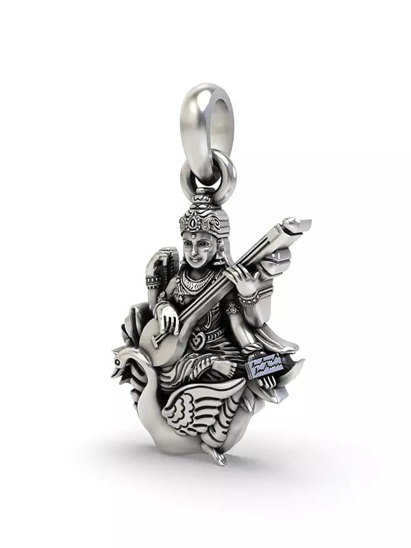 Exotic India Goddess Saraswati Sterling Silver Pendant