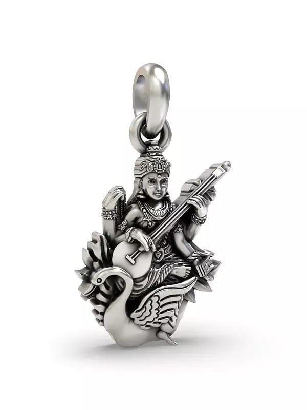 Exotic India Goddess Saraswati Sterling Silver Pendant