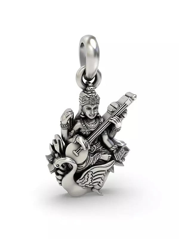 Exotic India Goddess Saraswati Sterling Silver Pendant