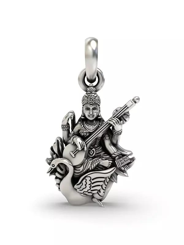 exotic india Goddess Saraswati Sterling Silver Pendant 