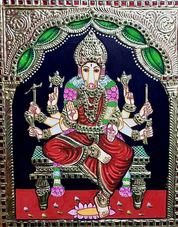 Exotic India Goddess Varahi Seated On Asana | Tanjore Painting | Traditional Colors With Gold Work