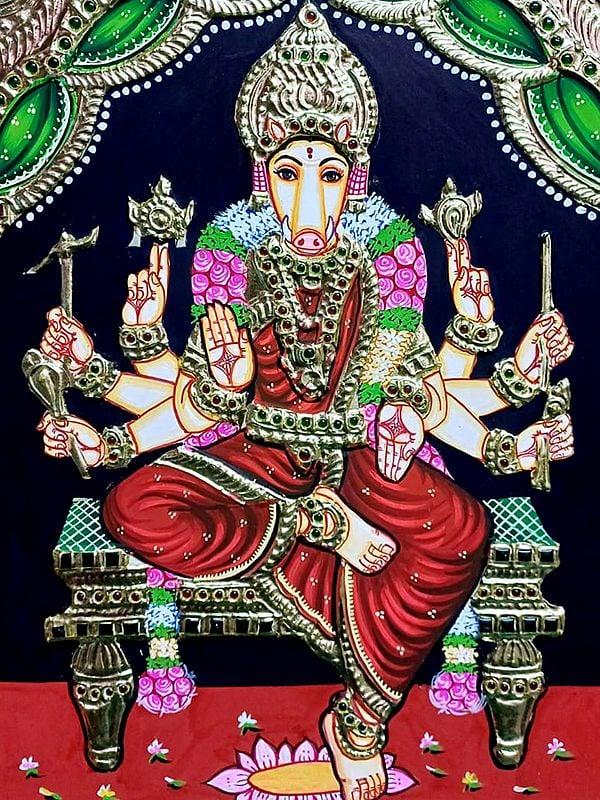 Exotic India Goddess Varahi Seated On Asana | Tanjore Painting | Traditional Colors With Gold Work