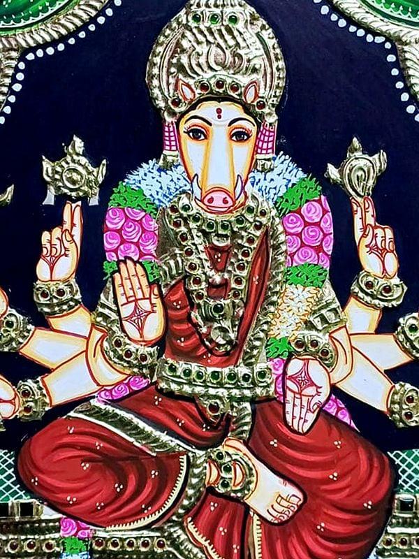 Exotic India Goddess Varahi Seated On Asana | Tanjore Painting | Traditional Colors With Gold Work