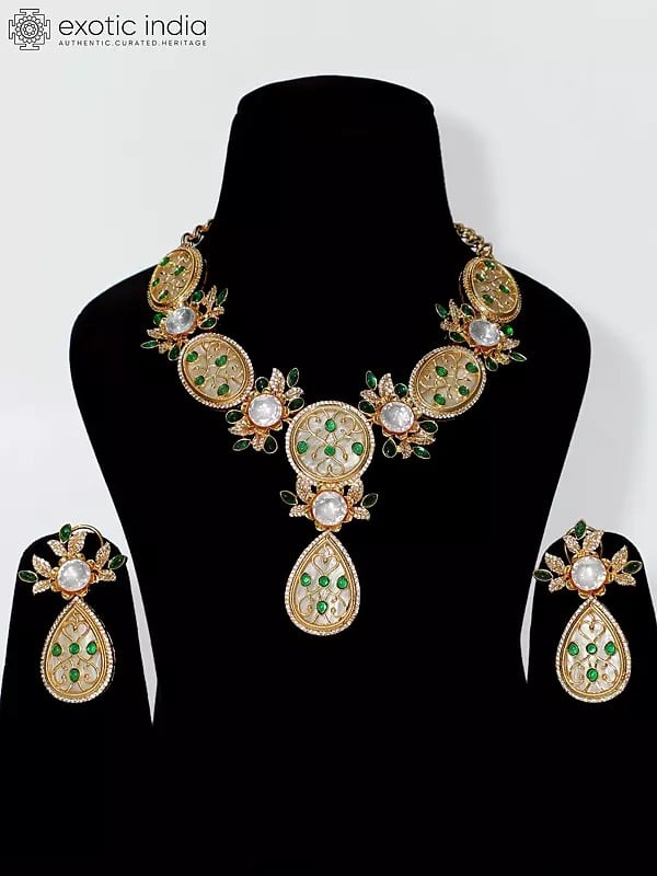 exotic india Gold And Green Flower Design Necklace Set With Earrings