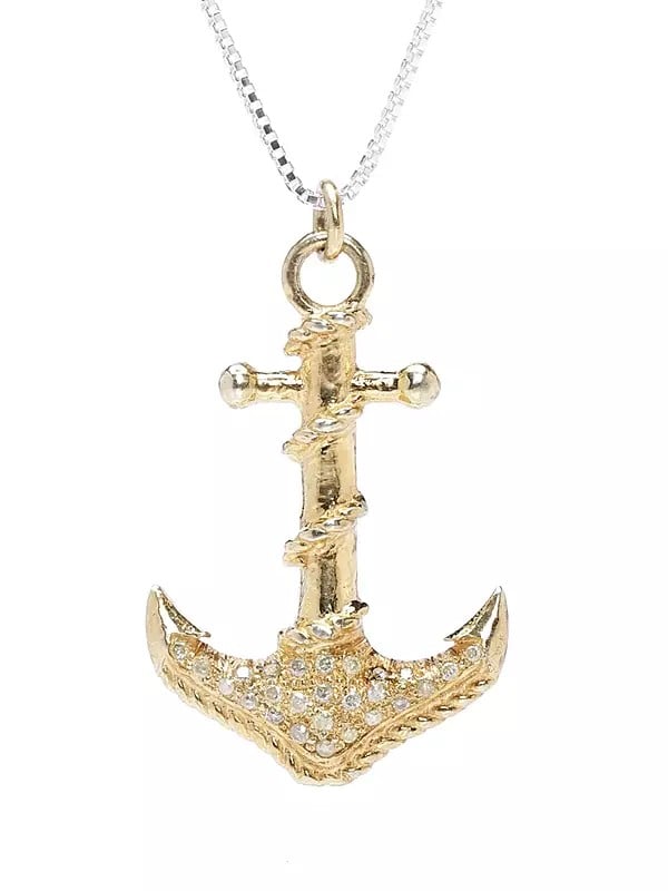 Exotic India Gold Plated Sterling Silver Anchor Pendant With Diamond 