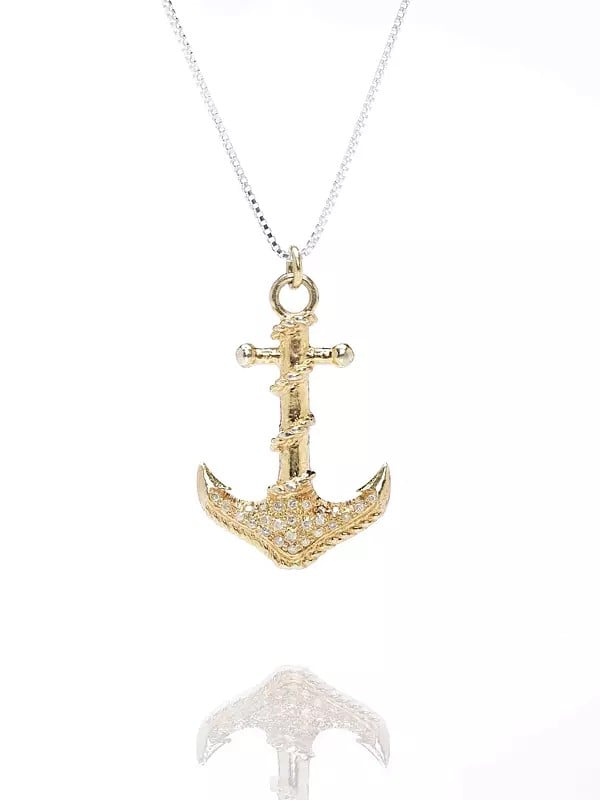 exotic india Gold Plated Sterling Silver Anchor Pendant with Diamond 