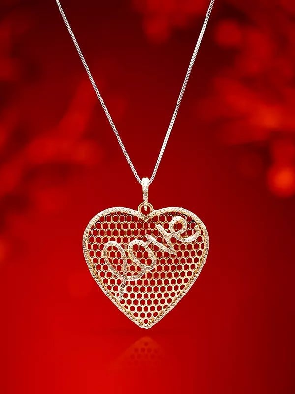 Exotic India Gold Plated Sterling Silver Heart Shape Pendant With Diamond 