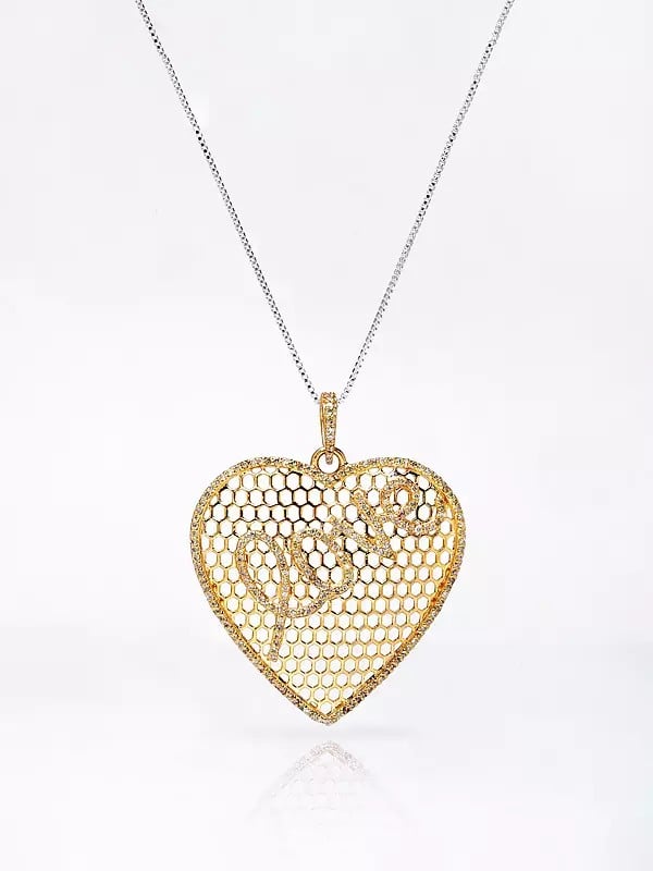 exotic india Gold Plated Sterling Silver Heart Shape Pendant with Diamond 