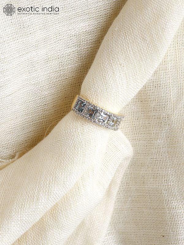 Exotic India Gold-Plated Sterling Silver Ring With Blue Topaz And Cubic Zirconia 