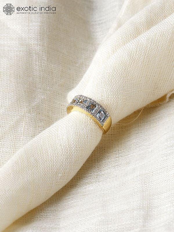 Exotic India Gold-Plated Sterling Silver Ring With Blue Topaz And Cubic Zirconia 