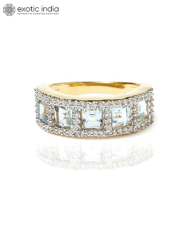 exotic india Gold-Plated Sterling Silver Ring with Blue Topaz and Cubic Zirconia 