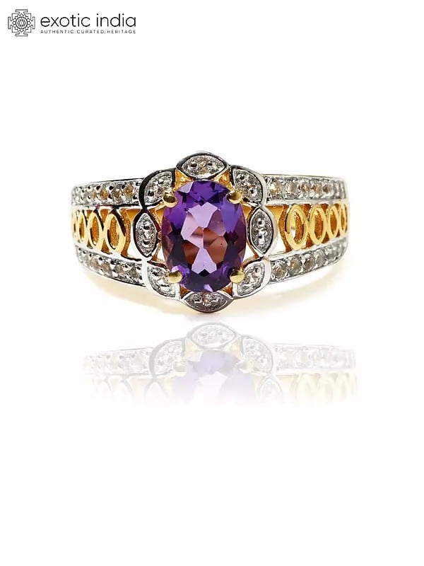 Exotic India Gold-Plated Sterling Silver Ring With Faceted Oval Cut Amethyst And Cubic Zirconia 