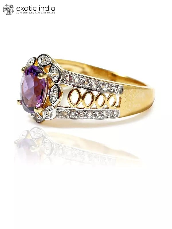 Exotic India Gold-Plated Sterling Silver Ring With Faceted Oval Cut Amethyst And Cubic Zirconia 