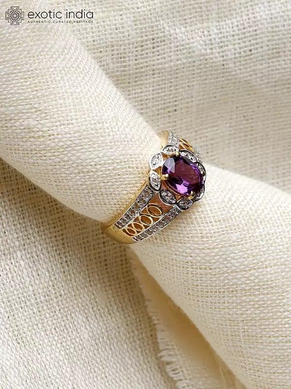 Exotic India Gold-Plated Sterling Silver Ring With Faceted Oval Cut Amethyst And Cubic Zirconia 