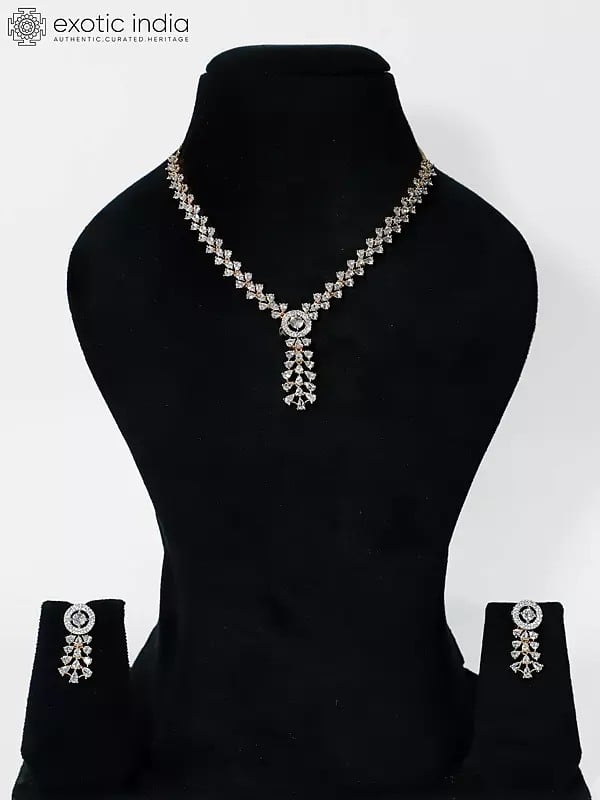exotic india Gold Polish Base Stone Studded Embellished American Diamond Necklace Set With Earrings