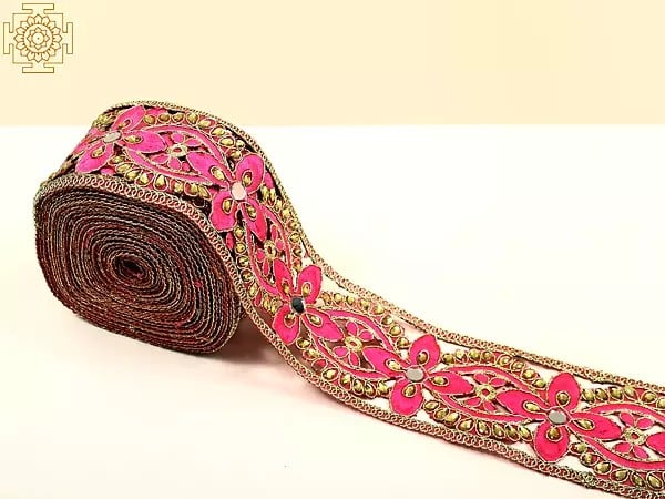 Exotic India Gold Zari Thread Embroidery With Mirror And Stone Cut Work Border 