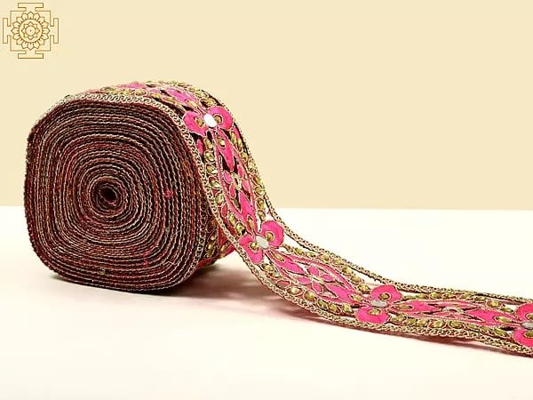 Exotic India Gold Zari Thread Embroidery With Mirror And Stone Cut Work Border 