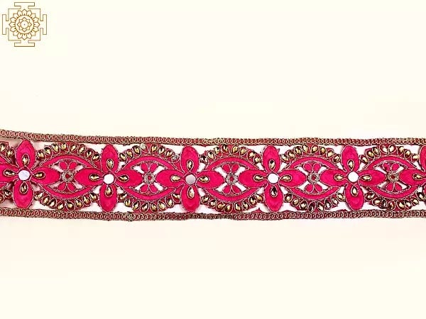 exotic india Gold Zari Thread Embroidery with Mirror and Stone Cut Work Border 