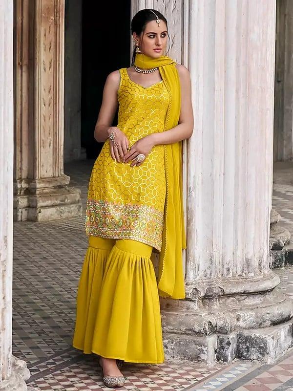 Exotic India Golden-Brown Designer Georgette Sequins And Embroidery Work Kurti With Sharara And Matching Dupatta 