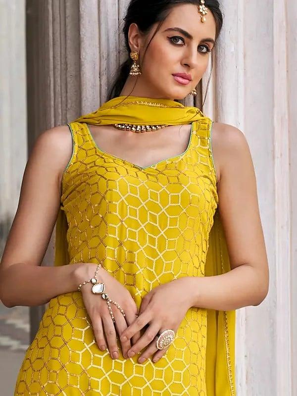 Exotic India Golden-Brown Designer Georgette Sequins And Embroidery Work Kurti With Sharara And Matching Dupatta 