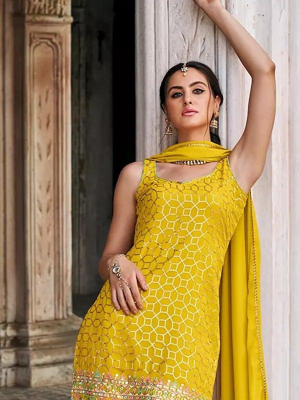 Exotic India Golden-Brown Designer Georgette Sequins And Embroidery Work Kurti With Sharara And Matching Dupatta 