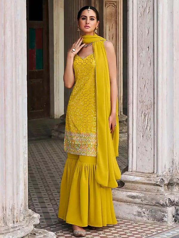 exotic india Golden-Brown Designer Georgette Sequins And Embroidery Work Kurti With Sharara And Matching Dupatta 