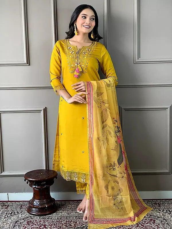 Exotic India Golden-Brown Stunning Embroidery Work Viscose Kurta Set With Floral Print Dupatta 