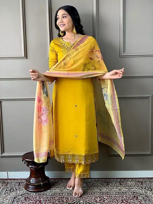 Exotic India Golden-Brown Stunning Embroidery Work Viscose Kurta Set With Floral Print Dupatta 
