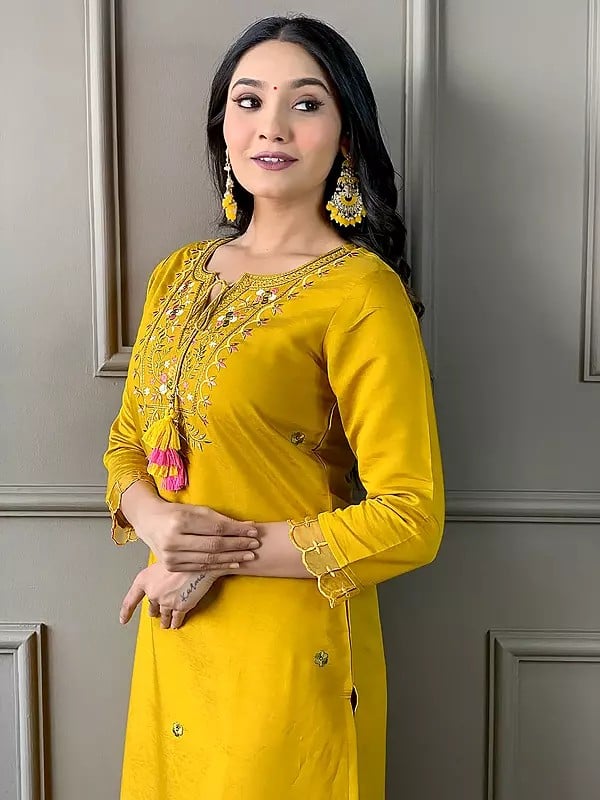 Exotic India Golden-Brown Stunning Embroidery Work Viscose Kurta Set With Floral Print Dupatta 