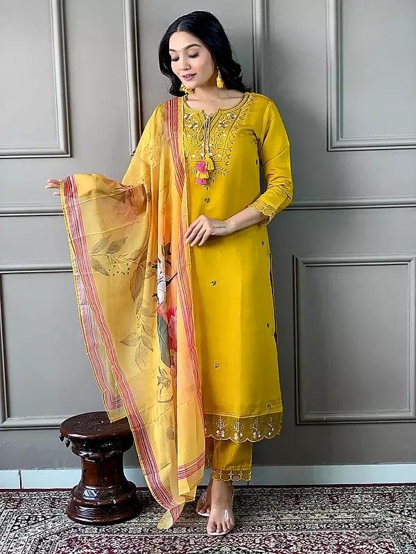exotic india Golden-Brown Stunning Embroidery Work Viscose Kurta Set With Floral Print Dupatta