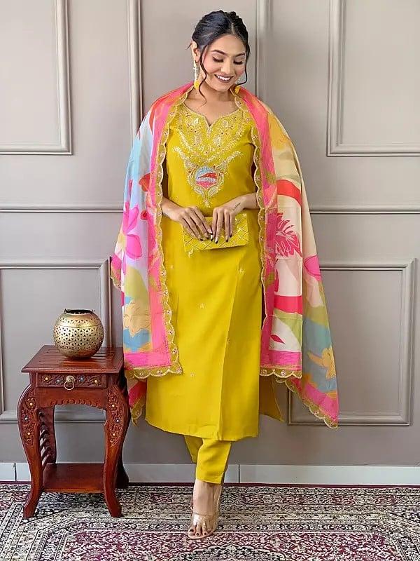 Exotic India Golden-Brown Viscose Paisley Motifs Embroidered Work Attractive Kurta Set With Multicolor Printed Dupatta 