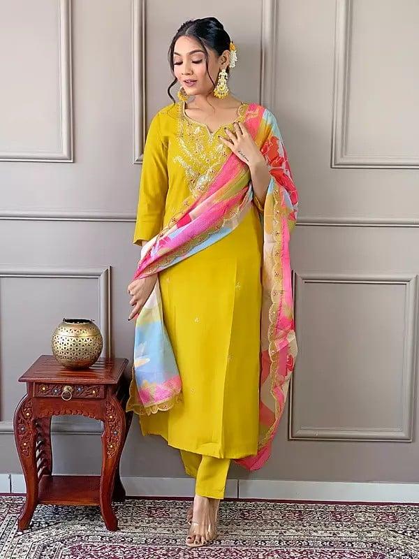 Exotic India Golden-Brown Viscose Paisley Motifs Embroidered Work Attractive Kurta Set With Multicolor Printed Dupatta 