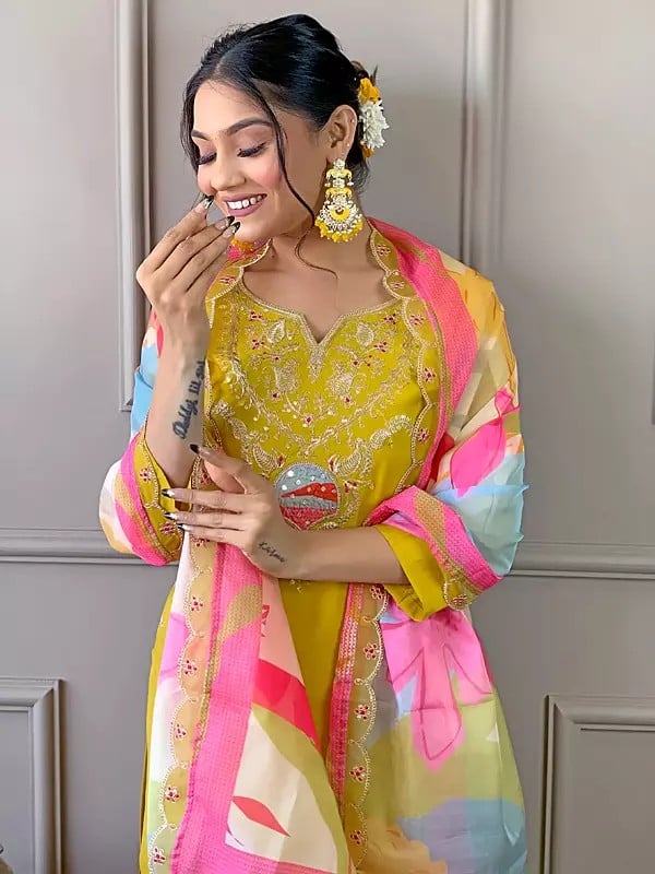 Exotic India Golden-Brown Viscose Paisley Motifs Embroidered Work Attractive Kurta Set With Multicolor Printed Dupatta 