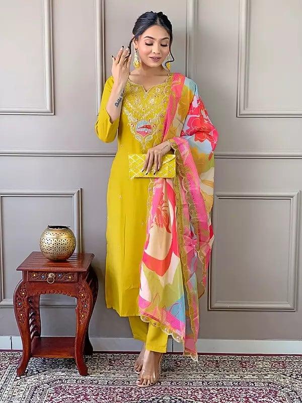 exotic india Golden-Brown Viscose Paisley Motifs Embroidered Work Attractive Kurta Set With Multicolor Printed Dupatta