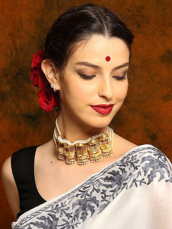 Exotic India Golden Coloured Brass Choker Set With Pearl Drop