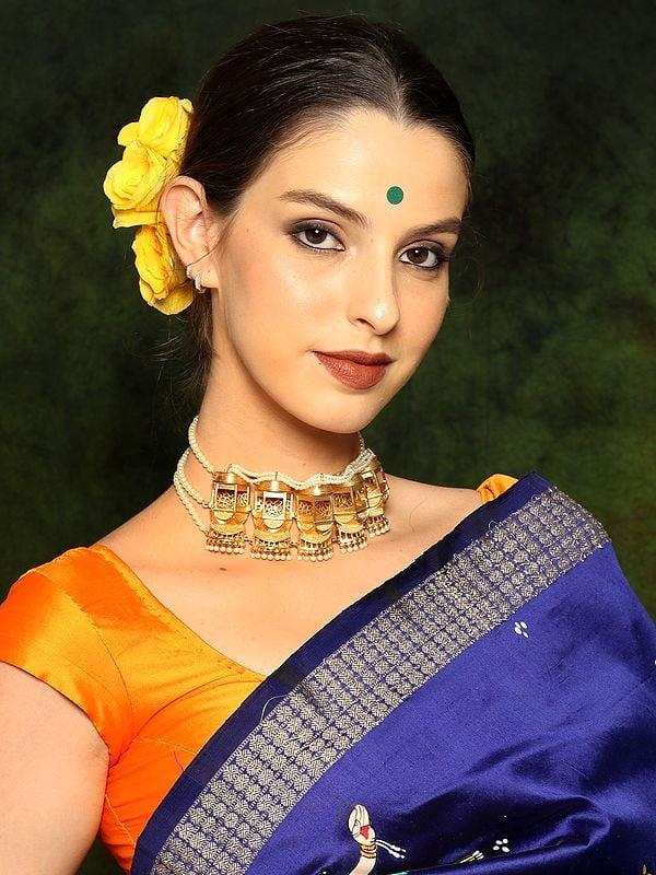 Exotic India Golden Coloured Brass Choker Set With Pearl Drop