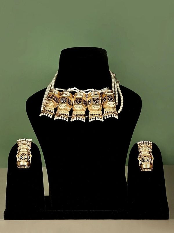 Exotic India Golden Coloured Brass Choker Set With Pearl Drop