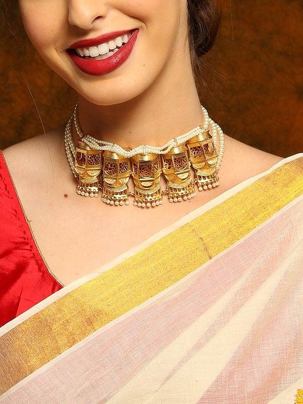exotic india Golden Coloured Brass Choker Set with Pearl Drop 