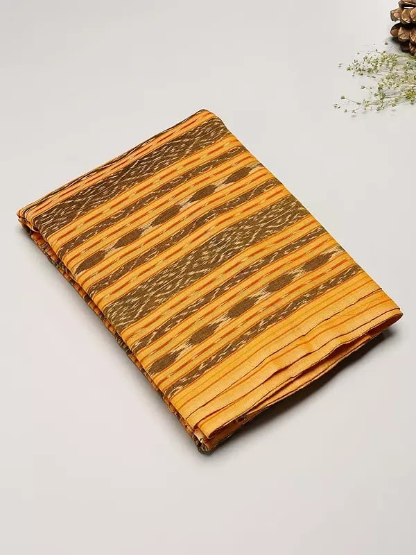 exotic india Golden-Cream Pure Cotton Fabric with All-Over Ikat Weave
