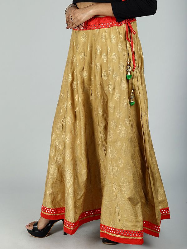 Exotic India Golden Floral Printed All-Over Pattern And Mirror Work Embroidered Patch Border Ethnic Skirt From Gujarat 