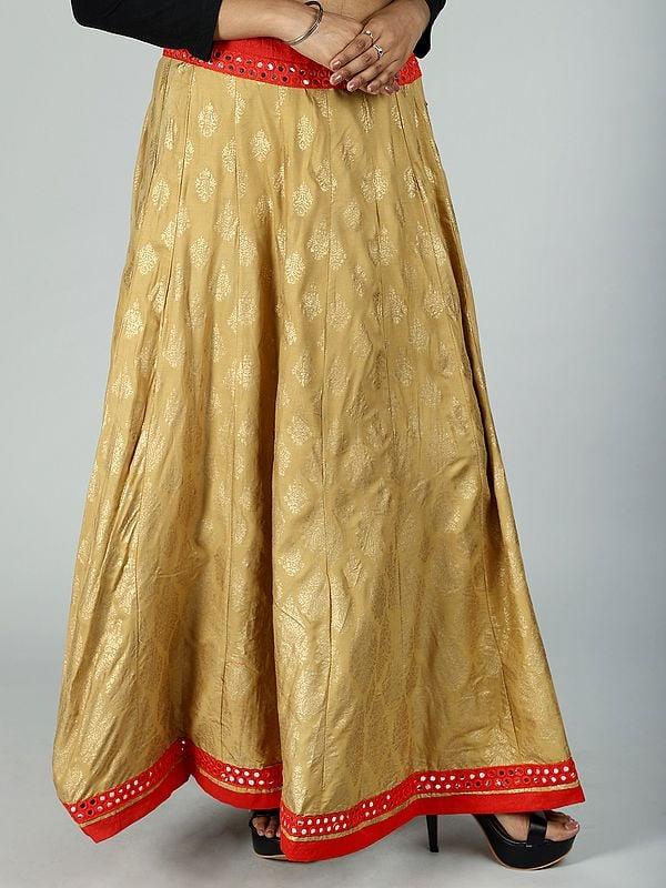 Exotic India Golden Floral Printed All-Over Pattern And Mirror Work Embroidered Patch Border Ethnic Skirt From Gujarat 