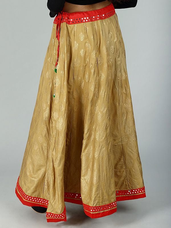 Exotic India Golden Floral Printed All-Over Pattern And Mirror Work Embroidered Patch Border Ethnic Skirt From Gujarat 