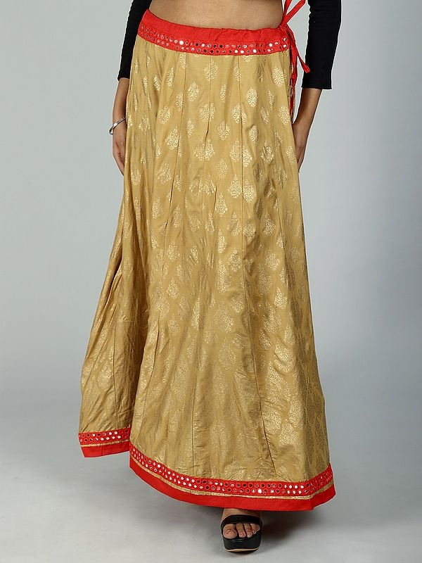 exotic india Golden Floral Printed All-Over Pattern and Mirror Work Embroidered Patch Border Ethnic Skirt from Gujarat 