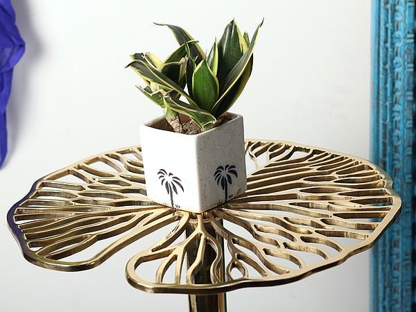 Exotic India Golden Leaf Pattern Table | Brass Home Decor 