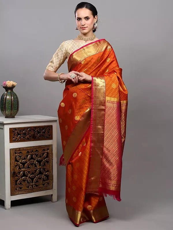 Exotic India Golden-Ochre Pure Silk Handloom Saree From Bangalore With All-over Leaf Weave And Golden Border 